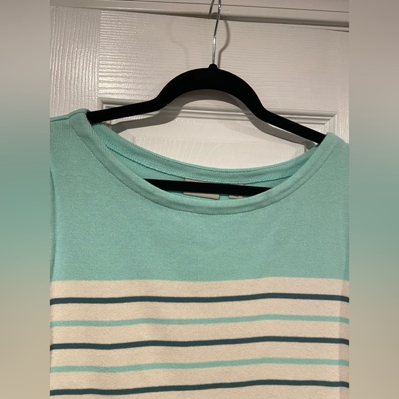 L.L. Bean Size LP Aquamarine Teal Stripe 3/4 Sleeve Knit Heritage Mariner Shirt - Picture 4 of 11